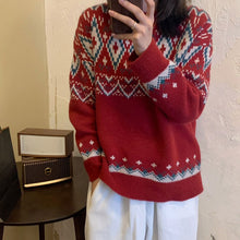 画像をギャラリービューアに読み込む, レトロノルディック柄ニットセーターカジュアル可愛いトップスレデイーズ