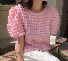 画像をギャラリービューアに読み込む, 韓国人気 ポップコーントップス ワッフル素材 半袖 トップス カジュアル 韓国っぽ フェミニン 古着ライク