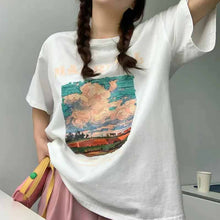 画像をギャラリービューアに読み込む, カジュアルラウンドネック油絵風デザイン大きい半袖Tシャツ