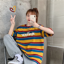 画像をギャラリービューアに読み込む, 韓国 ストライプ ゆったり 半袖 Tシャツ 学生カジュアル