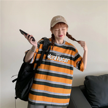 画像をギャラリービューアに読み込む, 韓国 ストライプ ゆったり 半袖 Tシャツ 学生カジュアル