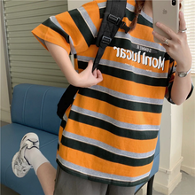 画像をギャラリービューアに読み込む, 韓国 ストライプ ゆったり 半袖 Tシャツ 学生カジュアル