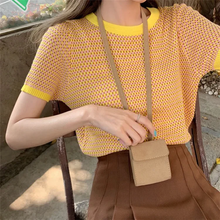 画像をギャラリービューアに読み込む, 韓国っぱ チェック柄半袖ニットシャツカジュアルトップスレデイーズ
