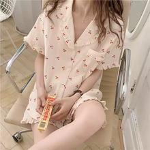 画像をギャラリービューアに読み込む, 2点セットチェリー柄フルーツ柄 パジャマ シャツとパンツかわいいルームウェア