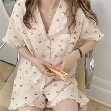 画像をギャラリービューアに読み込む, 2点セットチェリー柄フルーツ柄 パジャマ シャツとパンツかわいいルームウェア