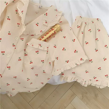 画像をギャラリービューアに読み込む, 2点セットチェリー柄フルーツ柄 パジャマ シャツとパンツかわいいルームウェア