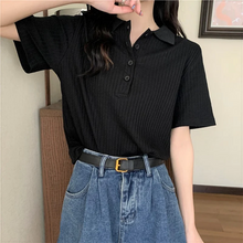 画像をギャラリービューアに読み込む, 幅広リブで女っぽニット ポロシャツ 半袖 シンプル 着回し カジュアル フェミカジ 大人女子 韓国っぽコーデ