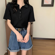 画像をギャラリービューアに読み込む, 幅広リブで女っぽニット ポロシャツ 半袖 シンプル 着回し カジュアル フェミカジ 大人女子 韓国っぽコーデ