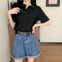 画像をギャラリービューアに読み込む, 幅広リブで女っぽニット ポロシャツ 半袖 シンプル 着回し カジュアル フェミカジ 大人女子 韓国っぽコーデ