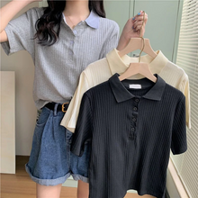 画像をギャラリービューアに読み込む, 幅広リブで女っぽニット ポロシャツ 半袖 シンプル 着回し カジュアル フェミカジ 大人女子 韓国っぽコーデ