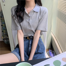 画像をギャラリービューアに読み込む, 幅広リブで女っぽニット ポロシャツ 半袖 シンプル 着回し カジュアル フェミカジ 大人女子 韓国っぽコーデ