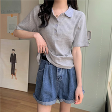 画像をギャラリービューアに読み込む, 幅広リブで女っぽニット ポロシャツ 半袖 シンプル 着回し カジュアル フェミカジ 大人女子 韓国っぽコーデ