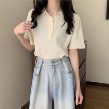 画像をギャラリービューアに読み込む, 幅広リブで女っぽニット ポロシャツ 半袖 シンプル 着回し カジュアル フェミカジ 大人女子 韓国っぽコーデ