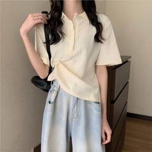 画像をギャラリービューアに読み込む, 幅広リブで女っぽニット ポロシャツ 半袖 シンプル 着回し カジュアル フェミカジ 大人女子 韓国っぽコーデ