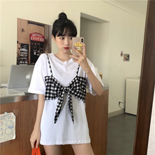 画像をギャラリービューアに読み込む, レイヤード風ビスチェ ギンガムチェック Tシャツ 重ね着 ゆったり オーバーサイズ