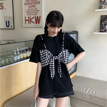 画像をギャラリービューアに読み込む, レイヤード風ビスチェ ギンガムチェック Tシャツ 重ね着 ゆったり オーバーサイズ