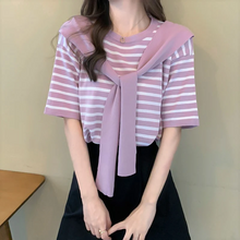 画像をギャラリービューアに読み込む, オールマッチニットストライプTシャツケープストライプ半袖Tシャツ