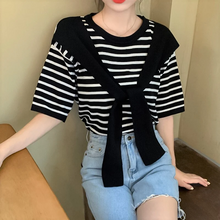 画像をギャラリービューアに読み込む, オールマッチニットストライプTシャツケープストライプ半袖Tシャツ