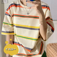 画像をギャラリービューアに読み込む, レインボーストライプ柄Tシャツカジュアル 半袖 シャツ