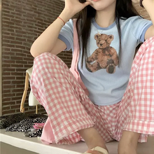 画像をギャラリービューアに読み込む, かわいいチェック柄くま ショート丈 Tシャツとパンツセットアップ