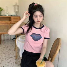 画像をギャラリービューアに読み込む, 甘色Tシャツで 夏の着こなしプリント リンガーTシャツ Y2K カジュアル 半袖 クロップド丈 ハート ピンク ホワイト ストリート 韓国っぽ スポーティー
