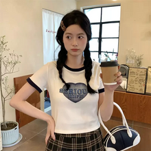 画像をギャラリービューアに読み込む, 甘色Tシャツで 夏の着こなしプリント リンガーTシャツ Y2K カジュアル 半袖 クロップド丈 ハート ピンク ホワイト ストリート 韓国っぽ スポーティー