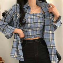 画像をギャラリービューアに読み込む, 2点セットアップキャミソール チェック柄シャツトップス韓国っぽレデイーズ通勤