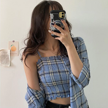 画像をギャラリービューアに読み込む, 2点セットアップキャミソール チェック柄シャツトップス韓国っぽレデイーズ通勤