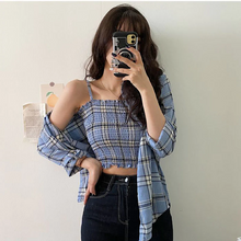 画像をギャラリービューアに読み込む, 2点セットアップキャミソール チェック柄シャツトップス韓国っぽレデイーズ通勤
