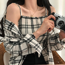 画像をギャラリービューアに読み込む, 2点セットアップキャミソール チェック柄シャツトップス韓国っぽレデイーズ通勤