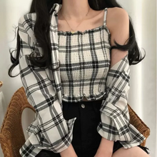 画像をギャラリービューアに読み込む, 2点セットアップキャミソール チェック柄シャツトップス韓国っぽレデイーズ通勤