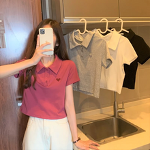 画像をギャラリービューアに読み込む, かわいい ハート刺繍ポロシャツ 半袖 シンプル カットソー トップス ガーリー カジュアル 学生