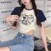 画像をギャラリービューアに読み込む, 韓国っぽカジュアルショート丈半袖Tシャツトップス原宿系スリムシャツ