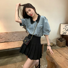 画像をギャラリービューアに読み込む, コントラストカラーステッチのデニム半袖トップスレトロな薄手のポロカラーシャツ