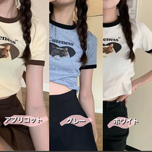 画像をギャラリービューアに読み込む, 古着半袖Tシャツ猫柄カジュアル ラウンドネックトップス