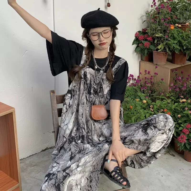タイダイ柄2点セットトップスとサロペット パンツオーバーオール原宿系 
