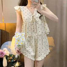 画像をギャラリービューアに読み込む, ルームウェアもガーリーに 2タイプ 水玉ルームウェア パジャマ ワンピース ショートパンツ ノースリーブ ラッフルフリル ドット柄 フリル Vネック セットアップ リボン ロンパース