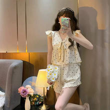 画像をギャラリービューアに読み込む, ルームウェアもガーリーに 2タイプ 水玉ルームウェア パジャマ ワンピース ショートパンツ ノースリーブ ラッフルフリル ドット柄 フリル Vネック セットアップ リボン ロンパース