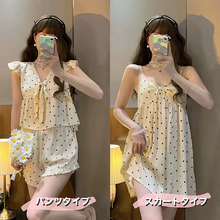画像をギャラリービューアに読み込む, ルームウェアもガーリーに 2タイプ 水玉ルームウェア パジャマ ワンピース ショートパンツ ノースリーブ ラッフルフリル ドット柄 フリル Vネック セットアップ リボン ロンパース