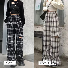 画像をギャラリービューアに読み込む, ハイウエストチェック柄パンツ リップドファッションデザインパンツ