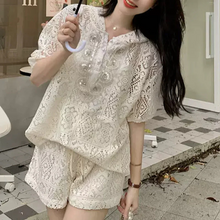 画像をギャラリービューアに読み込む, 2点セットアップパーカー トップスとショートパンツかわいいレースセットアップ