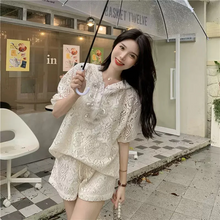 画像をギャラリービューアに読み込む, 2点セットアップパーカー トップスとショートパンツかわいいレースセットアップ