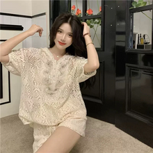画像をギャラリービューアに読み込む, 2点セットアップパーカー トップスとショートパンツかわいいレースセットアップ