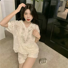 画像をギャラリービューアに読み込む, 2点セットアップパーカー トップスとショートパンツかわいいレースセットアップ