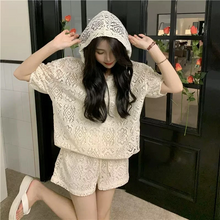 画像をギャラリービューアに読み込む, 2点セットアップパーカー トップスとショートパンツかわいいレースセットアップ