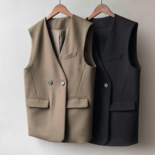 画像をギャラリービューアに読み込む, シンプルなゆったりノーカラーミドル丈スーツベスト