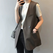 画像をギャラリービューアに読み込む, シンプルなゆったりノーカラーミドル丈スーツベスト