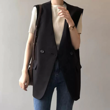 画像をギャラリービューアに読み込む, シンプルなゆったりノーカラーミドル丈スーツベスト