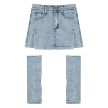 画像をギャラリービューアに読み込む, デニムスカート レッグウォーマー 2点セット 美脚見せ ミニ丈 ミニスカート カジュアル