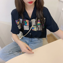 画像をギャラリービューアに読み込む, ヴィンテージガール開襟シャツ 古着風 プリント こなれ感 レトロ カジュアル メンズライク